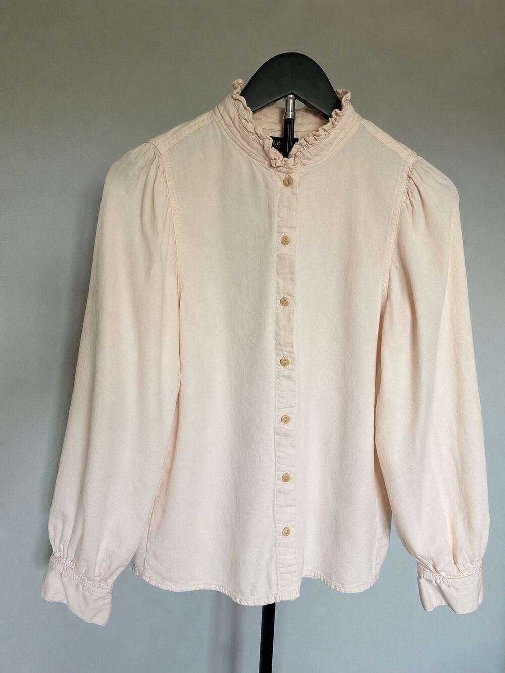 Caroll Paris Blush Pink Ruffle Neck Cotton Button Up Puff Sleeve Blouse 38